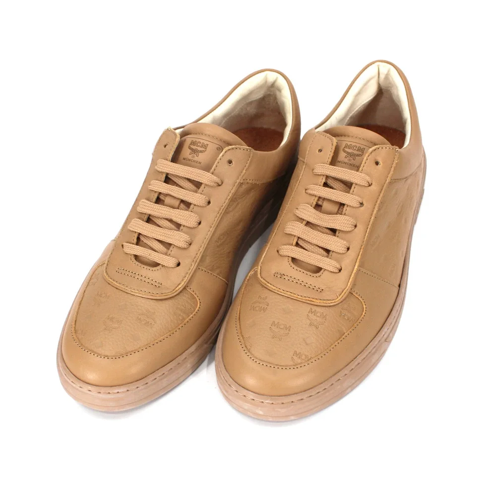 MCM Terrain Visetos Croissant Brown Low Top Logo Leather Sneakers 42 NEW Shoes